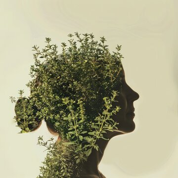 Human silhouette with head full of herbs - A tranquil image of a woman's profile with her head composed of lush green herbs