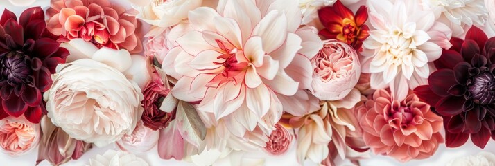 Pastel Colors and Luxury Flowers: Dusty Pink Rose, Creamy Coral Dahlia, Burgundy Peony, and White Peony on White Background Generative AI
