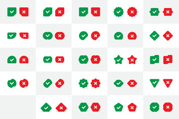 vector check mark and cancel sign set. square, round, triangle, hexagonal green check sign, red cancel sign - obrazy, fototapety, plakaty