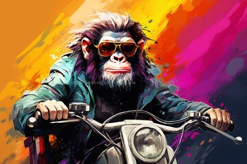 a monkey wearing sunglasses and a jacket riding a motorcycle - obrazy, fototapety, plakaty