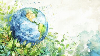 Obraz na płótnie Canvas Watercolor border of Earth and foliage adds vibrancy to the World Earth Day message.