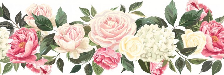 Pastel Tropical Flower Garland with Rose, Peony, and Hydrangea on White Background Generative AI
