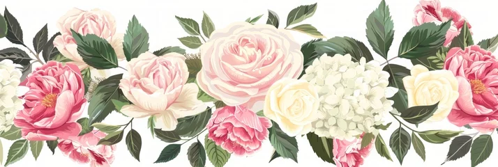 Tuinposter Pastel Tropical Flower Garland with Rose, Peony, and Hydrangea on White Background Generative AI © AlexandraRooss