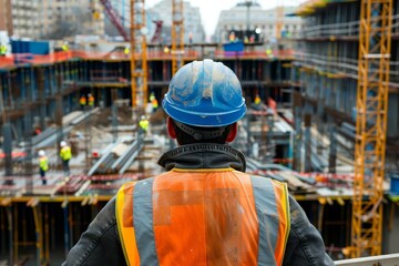 Rear view of a construction worker wearing a safety helmet and vest Overseeing a bustling construction site with cranes and scaffolding