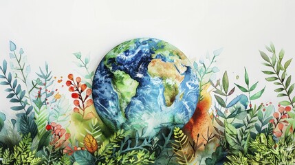 Watercolor Earth and foliage border emphasizes a vibrant World Earth Day message with artistic flair.