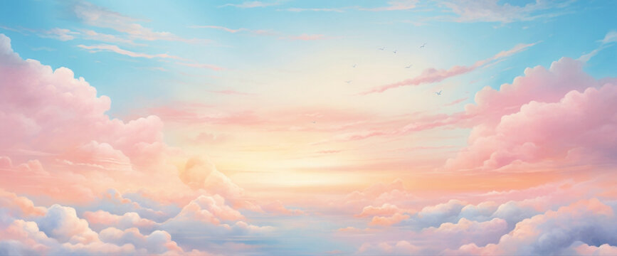 Whimsical gradient sunrise painting the sky with soft pastel hues, creating the cutest and most beautiful morning panorama.