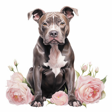 Watercolor illustration of American pit bull dog with pink roses.