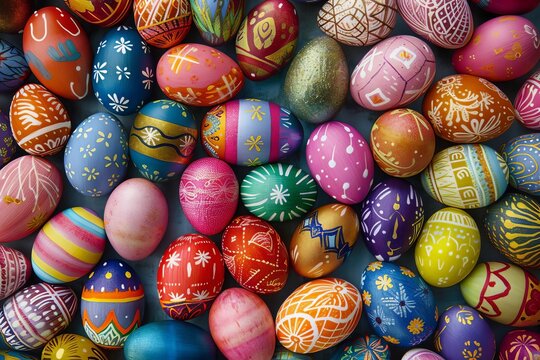 Vibrant collection of easter eggs in a variety of colors and patterns Arranged artistically to celebrate the joy and renewal of the easter holiday Perfect for seasonal greetings and festive decoration