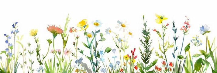Colorful Watercolor Illustration of Assorted Wildflowers, Grass, and Greenery Generative AI