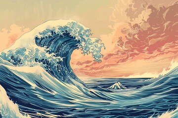Vintage-style illustration of a towering ocean wave Capturing the majesty and power of the sea in a timeless and artistic manner Inspired by traditional japanese woodblock prints