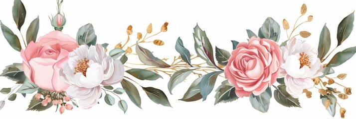 Pink and White Rose Wedding Invitation Card with Gold Frame Generative AI