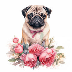 Watercolor illustration of pug dog with pink roses