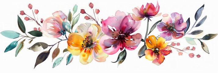 Watercolor Illustration of Vibrant Flowers on White Background Generative AI