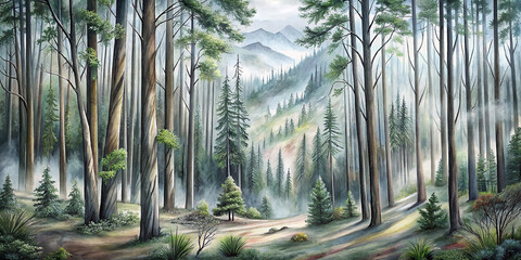 Watercolor Drawing Fog in the Forest