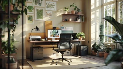 Experience the essence of a productive home office, featuring ergonomic furniture, streaming natural light, and cutting-edge modern technology.