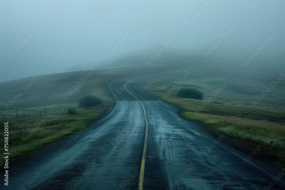 Poster road in the fog. misty landscape. background image. created with generative ai technology.