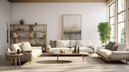 Naklejka na ściany i meble A modern living room featuring sustainable furniture and a bright and airy vibe