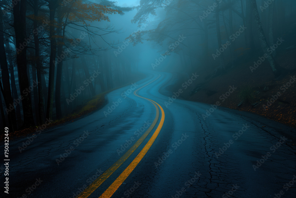Poster road in the fog. misty landscape. background image. created with generative ai technology.