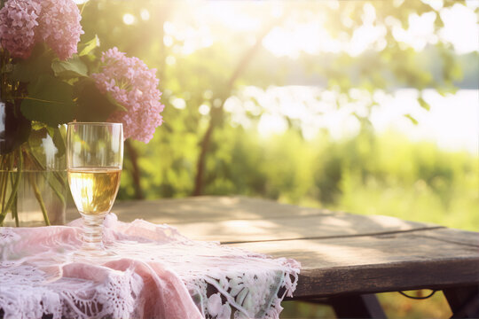 Still life of a glass of white wine and a bouquet of purple flowers on a wooden table with a pink tablecloth, with a blurred background of a garden in the sunlight.