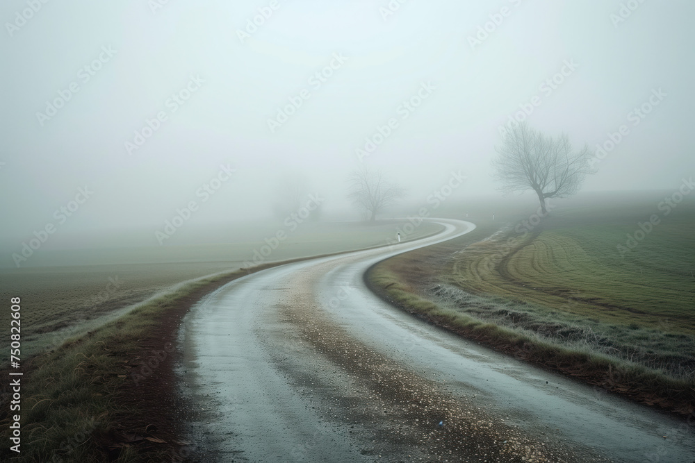 Poster road in the fog. misty landscape. background image. created with generative ai technology.