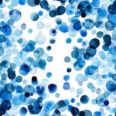 Numerous blue bubbles are floating in the air against a clean white backdrop.