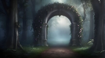 Fototapeta premium Mystical Archway in Enchanted Fairy Forest: Perfect Misty BackgroundDiscover the magic of a mystical archway hidden within an enchanted fairy forest, set against a dark and misty backdrop perfect fo