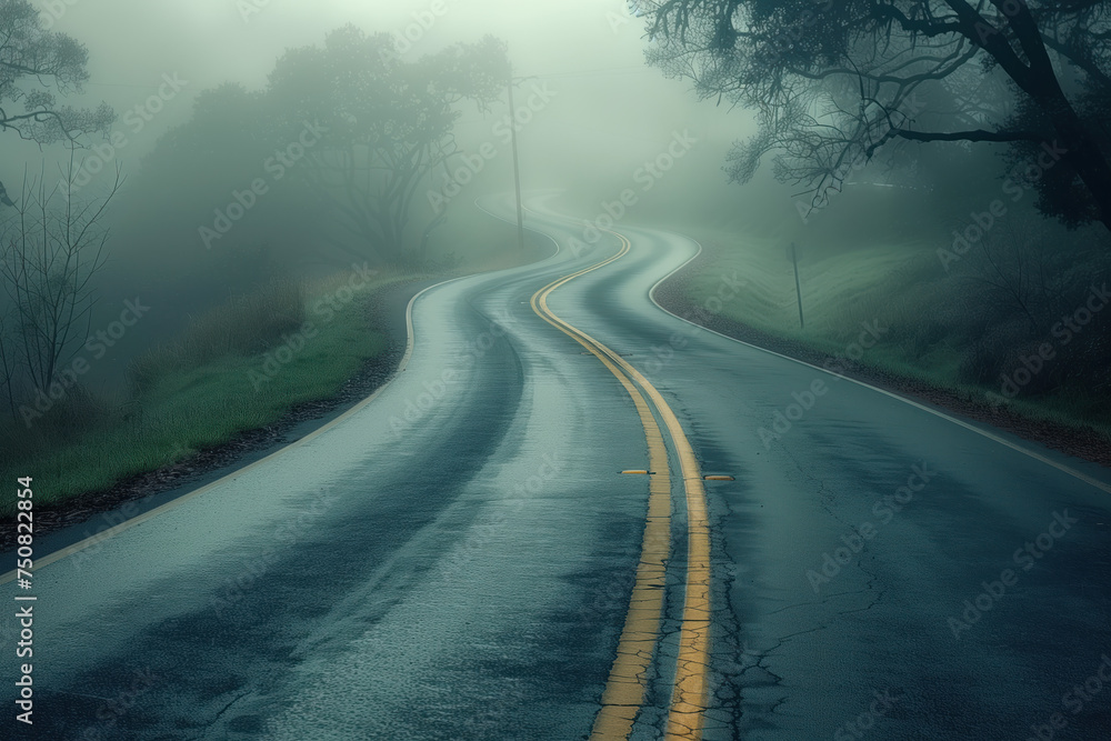 Poster road in the fog. misty landscape. background image. created with generative ai technology.