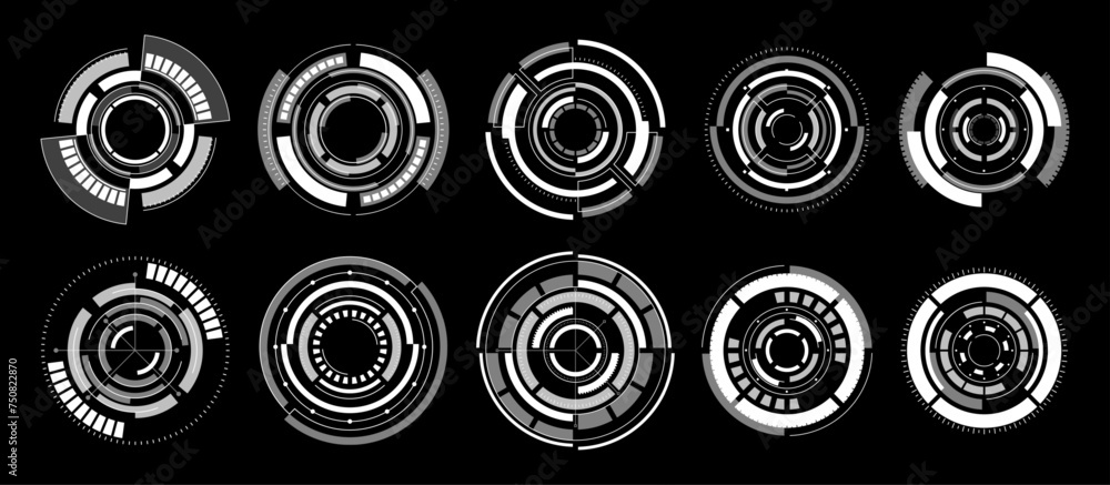 Poster techno hi-tech circles monochrome vector collection. abstract, modern design elements for games or t