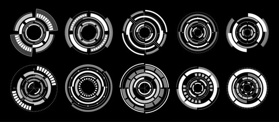 Techno Hi-tech Circles Monochrome Vector Collection. Abstract, Modern Design Elements For Games Or Techno Apps