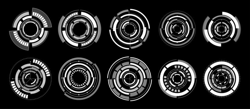 Techno Hi-tech Circles Monochrome Vector Collection. Abstract, Modern Design Elements For Games Or Techno Apps