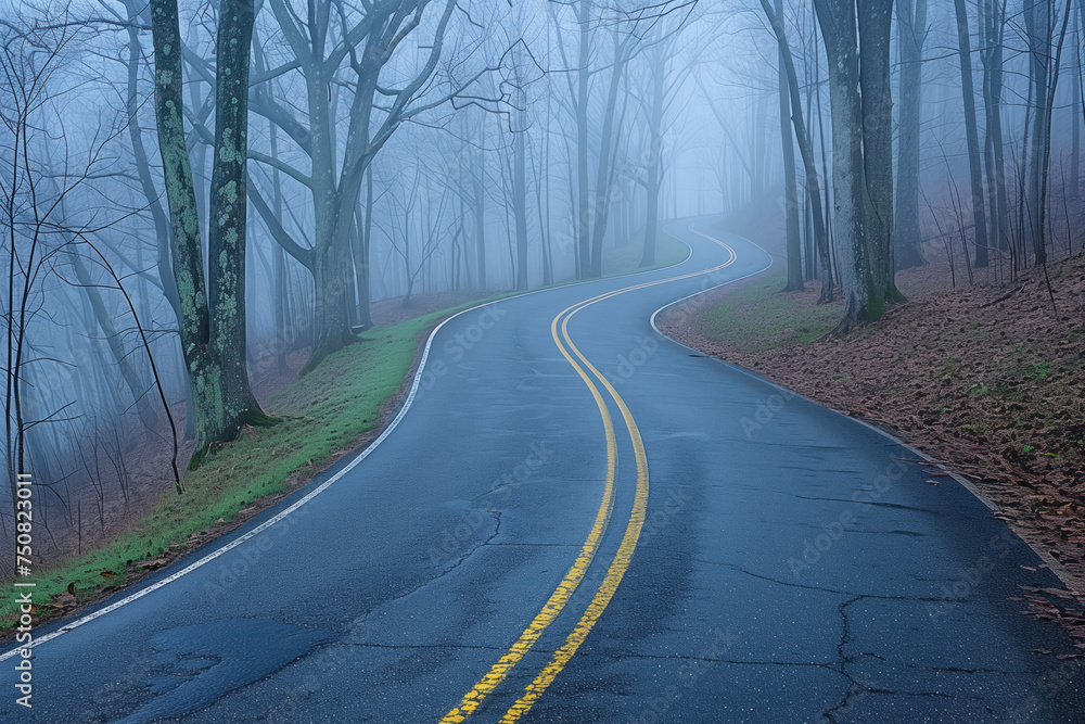 Poster road in the fog. misty landscape. background image. created with generative ai technology.