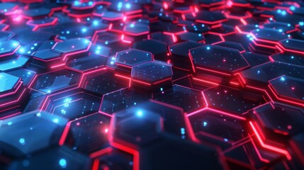 A futuristic hexagonal circuit board illuminated with red and blue neon lights, symbolizing advanced technology, and innovation. Ideal for themes of  cybersecurity, tech design, and modern computing.