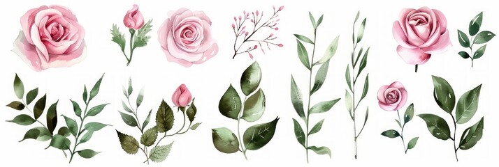 Pink Roses Watercolor Elements for Botanic Wedding Design Generative AI
