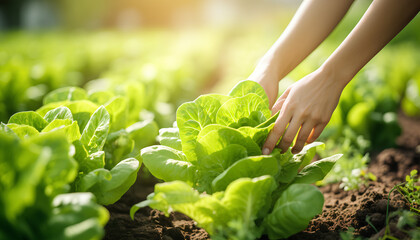 woman hands picking green lettuce in vegetable garden