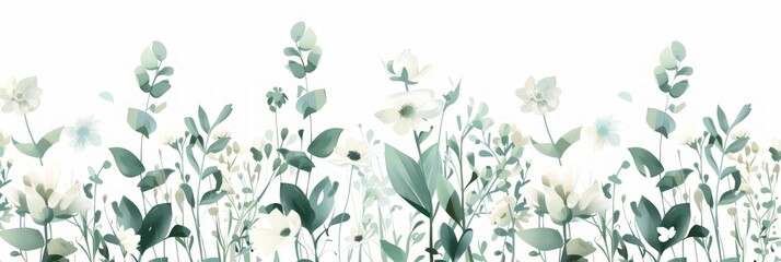 Spring Blooms: Sage, Mint, and Blue Flowers on White Background Generative AI