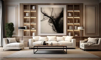 Foto op Plexiglas modern creative living room interior design backdrop ideas concept house beautiful background elevation of sofa with decorative photo paint frame full wall background © Влада Яковенко