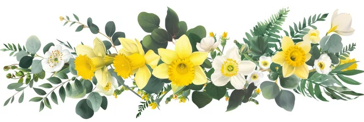 Rolgordijnen Vibrant Spring Garden with Yellow Daffodils, Mustard Roses, and White Fresias Generative AI © AlexandraRooss