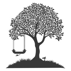 Silhouette Tree With A Swing black color only