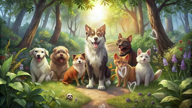 cat and some dogs in the forest with a moving heart symbol