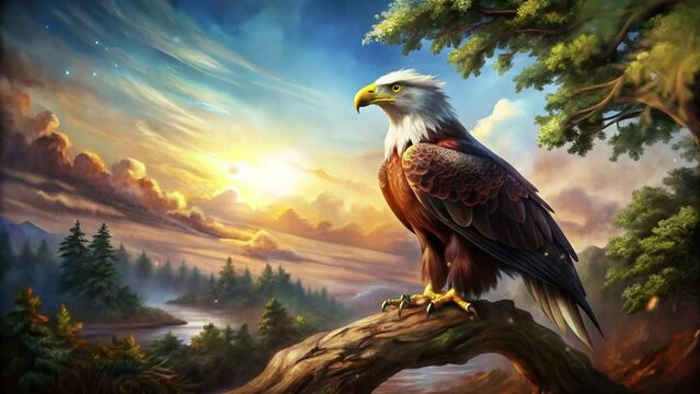 an eagle on a tree with small sparks and a clear sky
