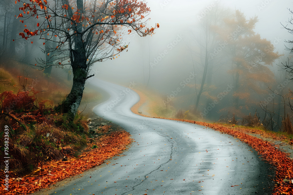 Poster road in the fog. misty landscape. background image. created with generative ai technology.