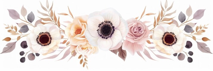 Dried Anemone and Wedding Roses with Pampas Grass and Eucalyptus on White Background Generative AI