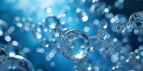 An elegant 3D rendering of transparent blue molecules with light particles, ideal for scientific, educational, or pharmaceutical designs.