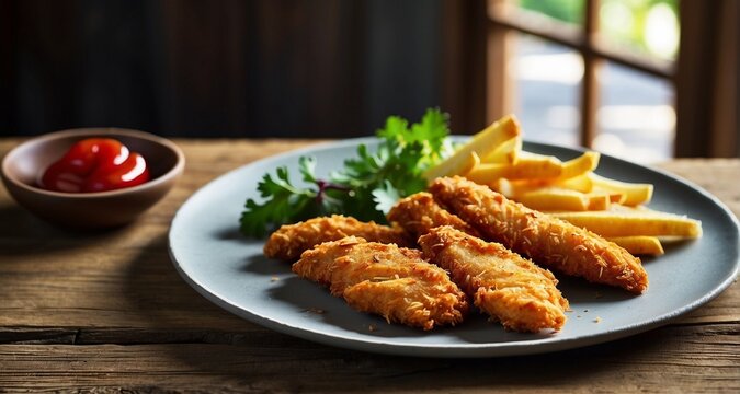 Compose an image of a plate of crispy chicken strips placed on a rustic wooden surface, emphasizing the natural feel of a homemade or restaurant setting. -AI Generative 