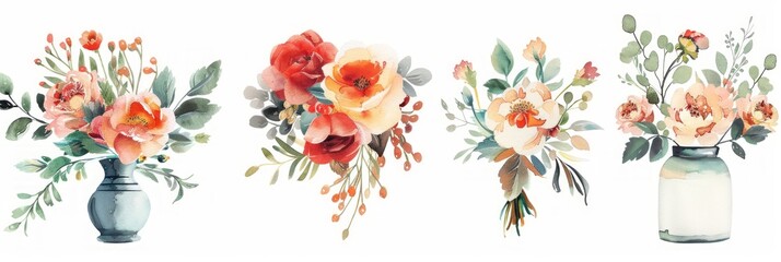 Watercolor Bouquet in Vase Isolated on White Background Generative AI