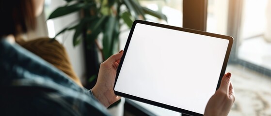A person holding a tablet with a blank screen suitable for digital design mockups, business presentations, or technological demonstrations. - obrazy, fototapety, plakaty
