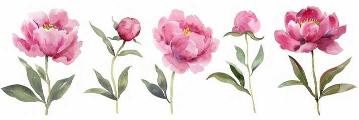 Fototapeta na wymiar Pink Peonies Watercolor Collection on White Background Generative AI