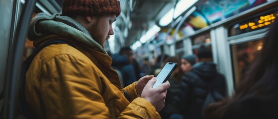 A man in a yellow jacket and orange beanie is focused on his smartphone while riding a crowded subway, capturing a moment of urban daily life. - obrazy, fototapety, plakaty