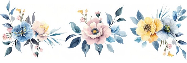 Blush Pink, Blue, and Yellow Watercolor Floral Bouquet Illustration Set Generative AI