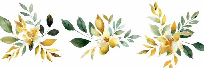 Fototapeta na wymiar Elegant Watercolor Floral Illustration with Green and Gold Leaves - Perfect for Wedding Stationary and Greetings Generative AI